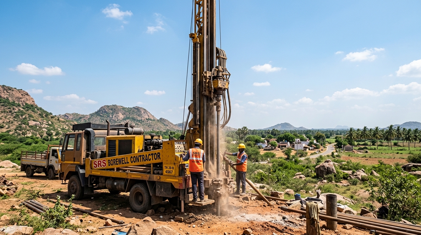 Heavy-duty truck-mounted borewell drilling rig operating